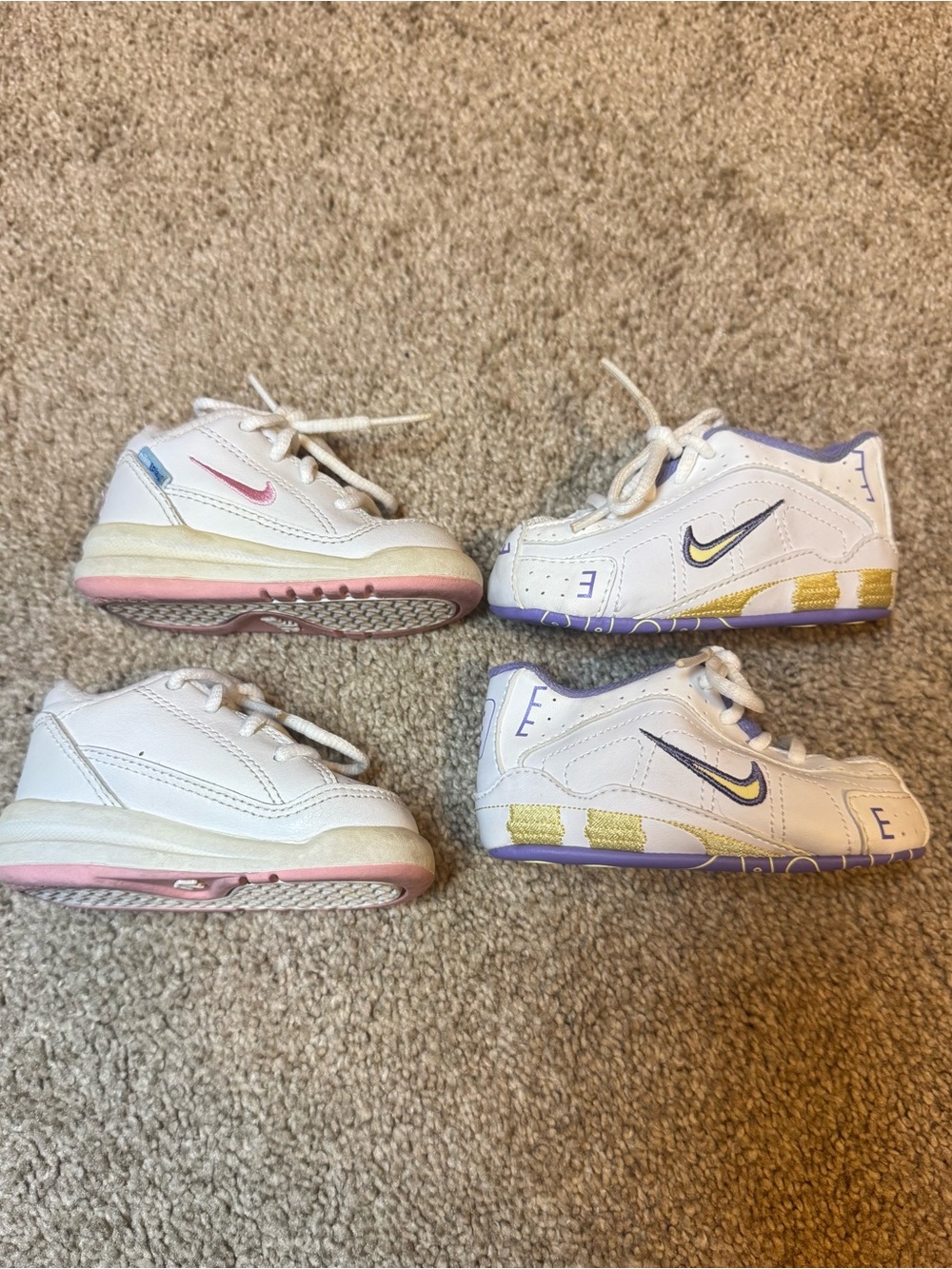 Vintage Nike Baby White Sneakers with Pink and Purple Accents